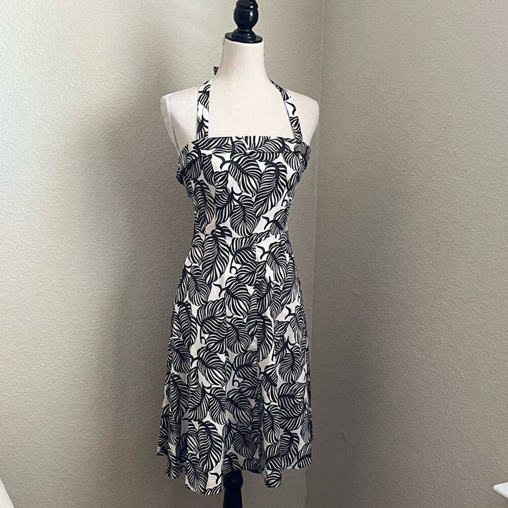 Saks Fifth Avenue Ivory and Brown Leaf Halter A Line Dress 4